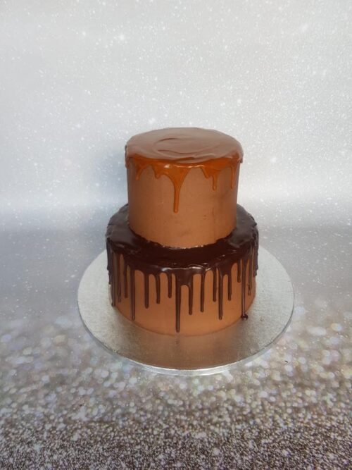Two Tier Chocolate Cake with Caramel Drip and Chocolate Ganache Drip