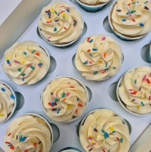 Cupcakes- Vanilla cupcakes with sprinkles box of 12- confetti pattern cases