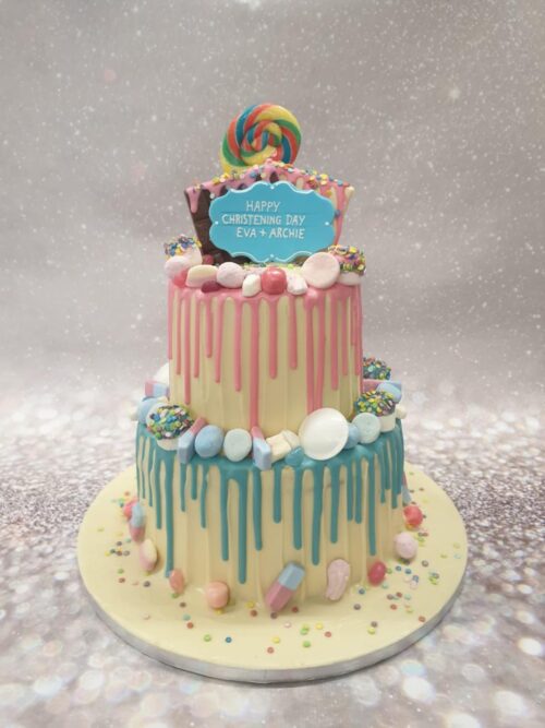 Two Tier Wonka in White Chocolate with Blue Drip on Bottom Tier and Pink Drip on top Tier
