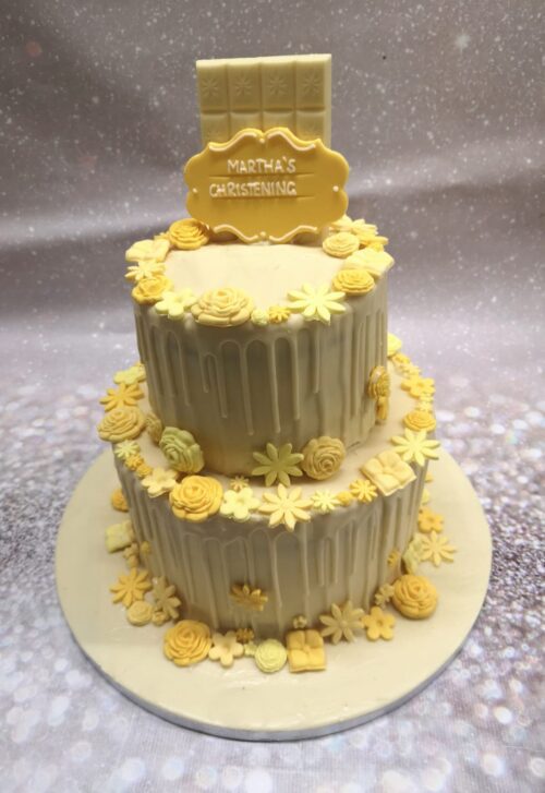 Two Tier Choctastic Cake with Flowers and Plaque