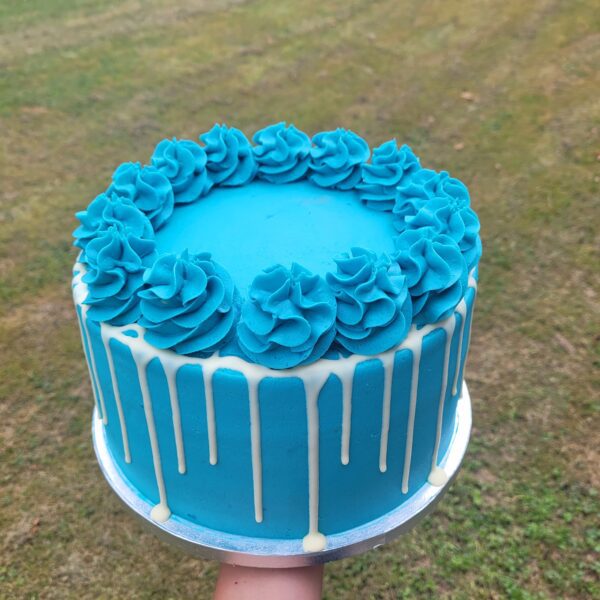 Victoria Sponge Cake- Blue with swirls and white choc drip